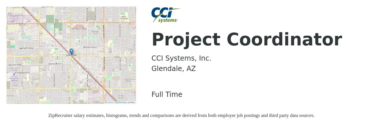 CCI Systems, Inc. job posting for a Project Coordinator in Glendale, AZ with a salary of $23 to $34 Hourly with a map of Glendale location.