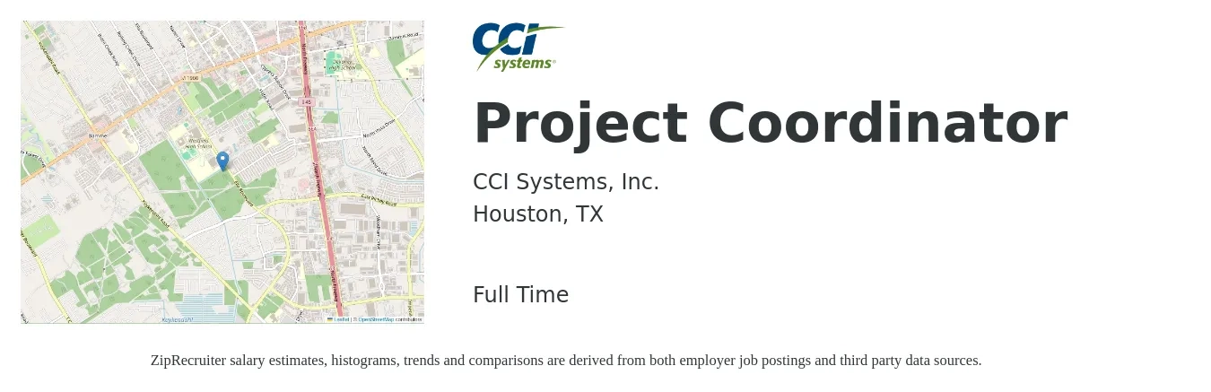CCI Systems, Inc. job posting for a Project Coordinator in Houston, TX with a salary of $22 to $33 Hourly with a map of Houston location.