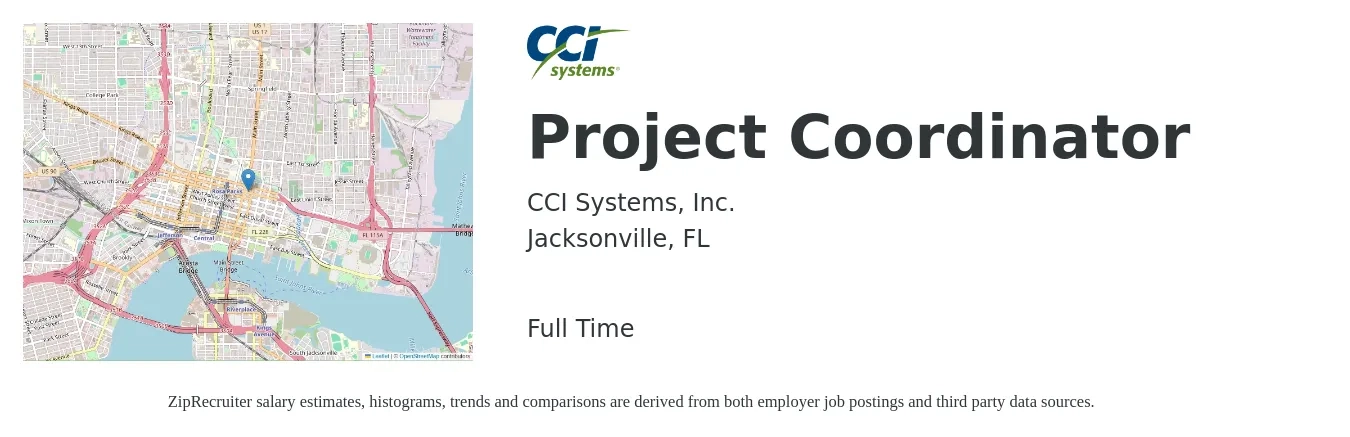 CCI Systems, Inc. job posting for a Project Coordinator in Jacksonville, FL with a salary of $22 to $32 Hourly with a map of Jacksonville location.