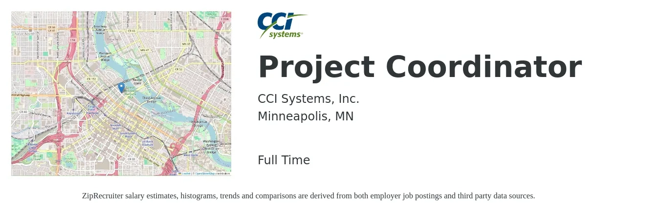 CCI Systems, Inc. job posting for a Project Coordinator in Minneapolis, MN with a salary of $23 to $35 Hourly with a map of Minneapolis location.