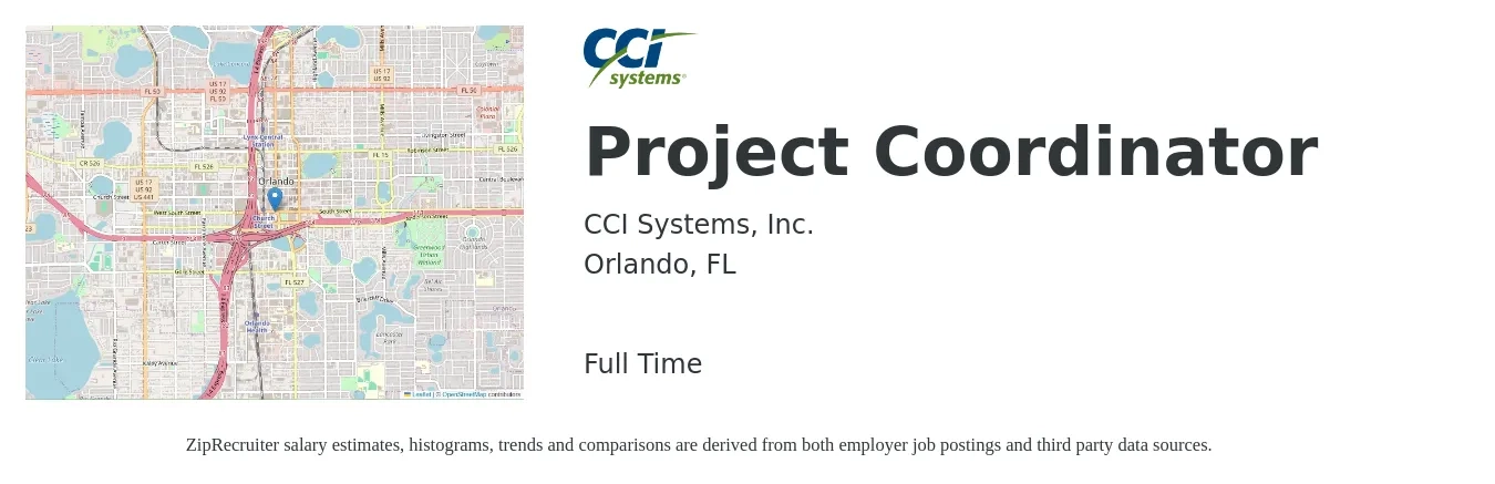 CCI Systems, Inc. job posting for a Project Coordinator in Orlando, FL with a salary of $22 to $32 Hourly with a map of Orlando location.