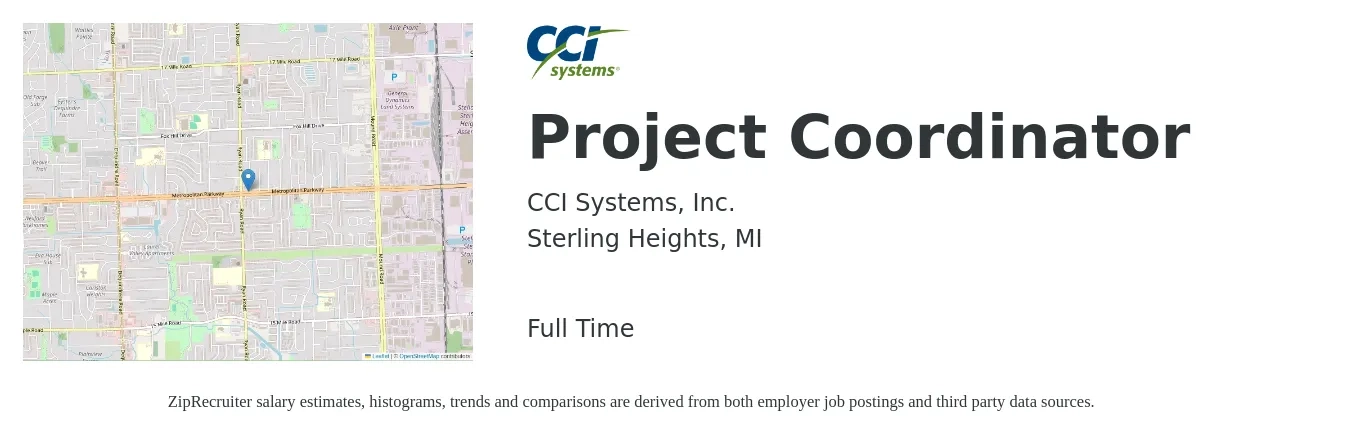 CCI Systems, Inc. job posting for a Project Coordinator in Sterling Heights, MI with a salary of $22 to $32 Hourly with a map of Sterling Heights location.