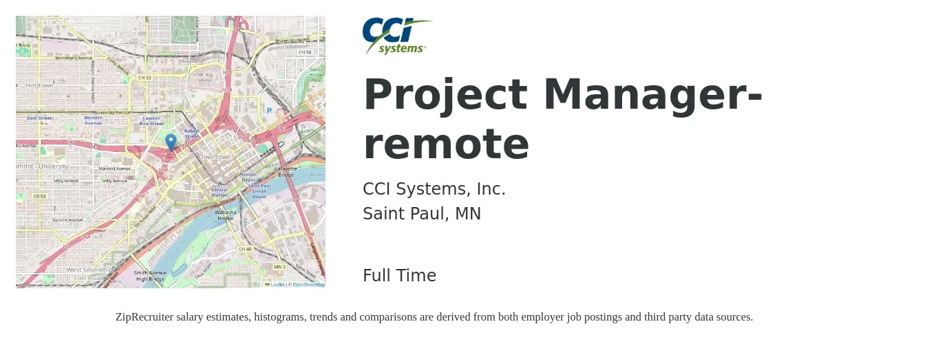 CCI Systems, Inc. job posting for a Project Manager-remote in Saint Paul, MN with a salary of $79,200 to $124,100 Yearly with a map of Saint Paul location.