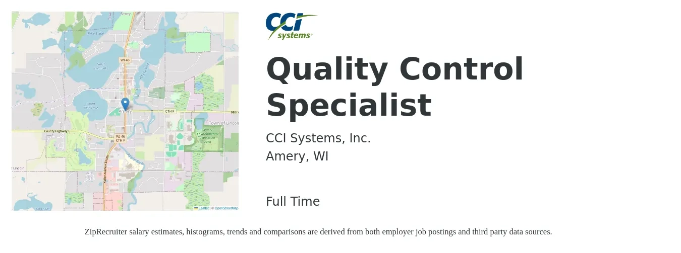 CCI Systems, Inc. job posting for a Quality Control Specialist in Amery, WI with a salary of $24 to $42 Hourly with a map of Amery location.