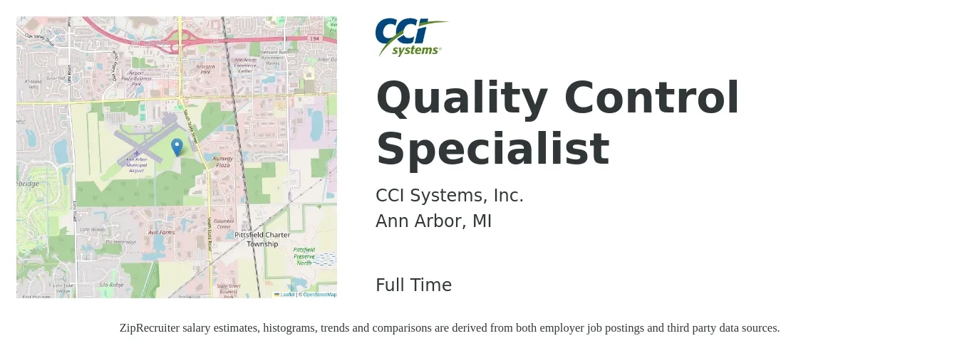 CCI Systems, Inc. job posting for a Quality Control Specialist in Ann Arbor, MI with a salary of $20 to $36 Hourly with a map of Ann Arbor location.