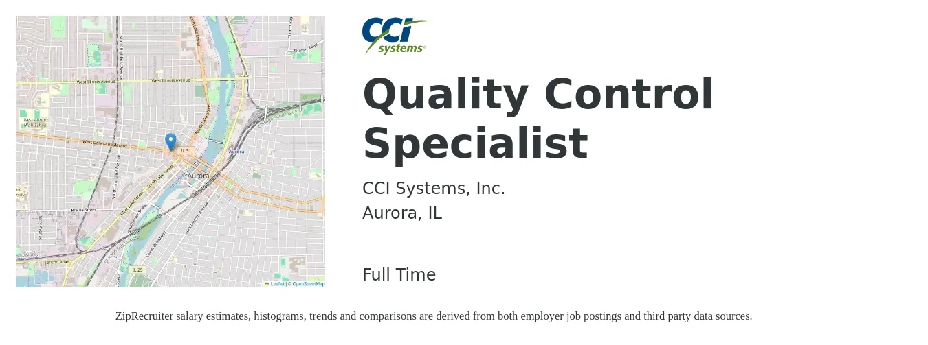 CCI Systems, Inc. job posting for a Quality Control Specialist in Aurora, IL with a salary of $21 to $37 Hourly with a map of Aurora location.
