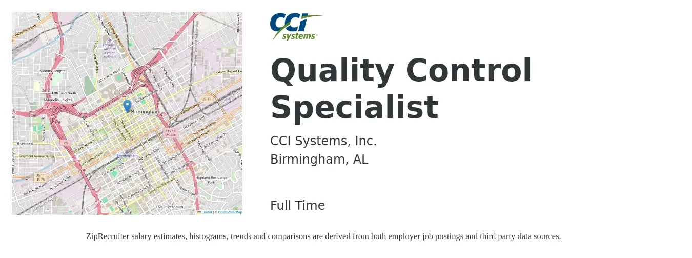 CCI Systems, Inc. job posting for a Quality Control Specialist in Birmingham, AL with a salary of $20 to $35 Hourly with a map of Birmingham location.