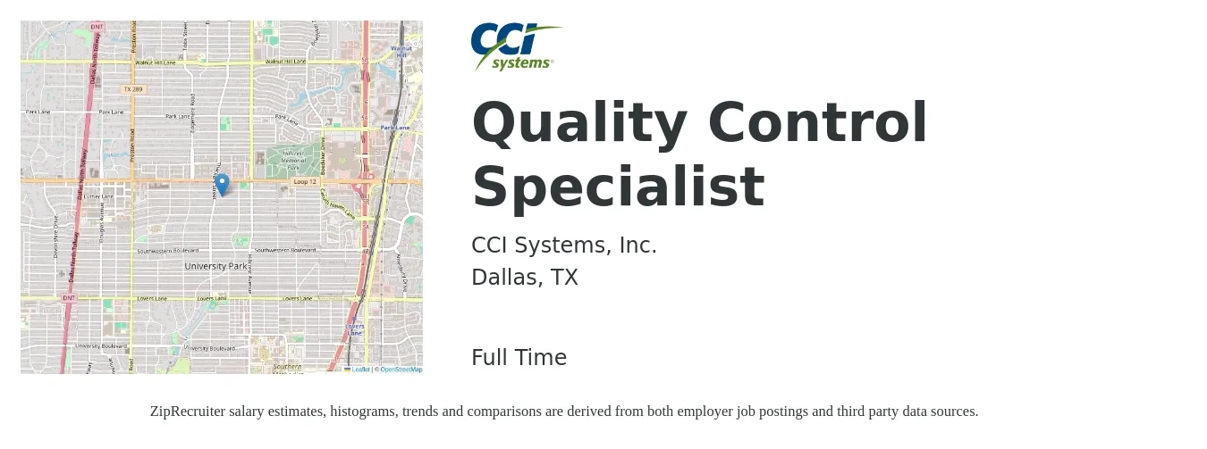 CCI Systems, Inc. job posting for a Quality Control Specialist in Dallas, TX with a salary of $20 to $36 Hourly with a map of Dallas location.