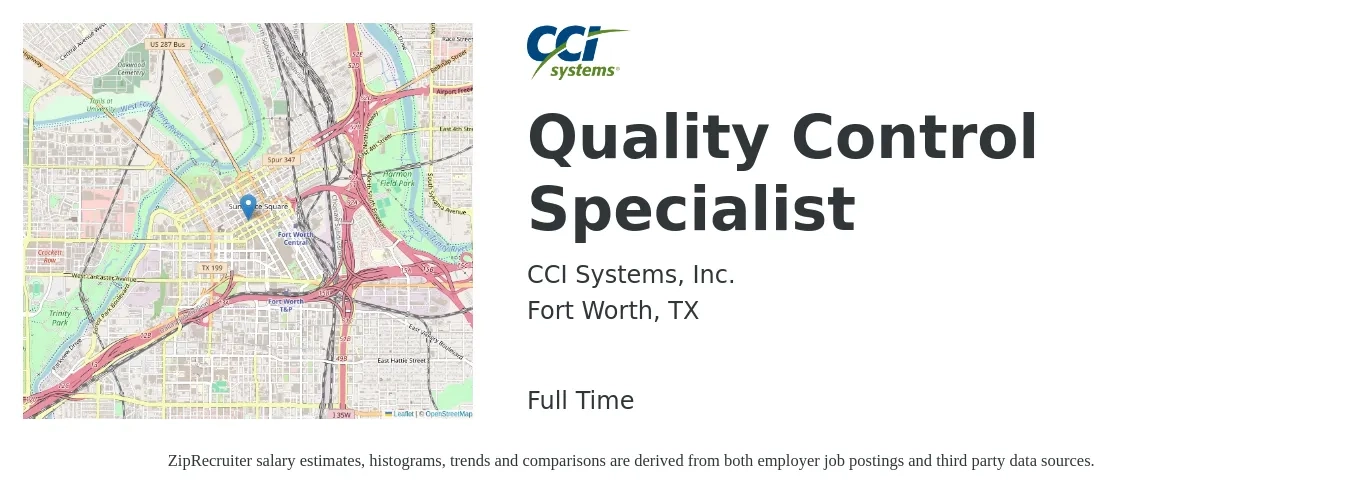 CCI Systems, Inc. job posting for a Quality Control Specialist in Fort Worth, TX with a salary of $20 to $36 Hourly with a map of Fort Worth location.
