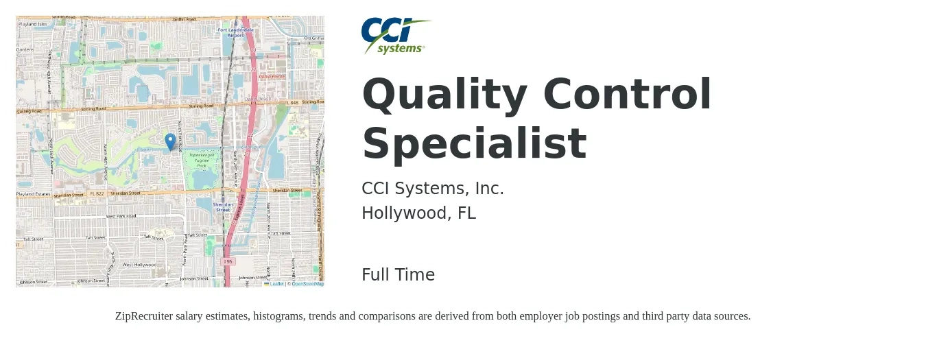 CCI Systems, Inc. job posting for a Quality Control Specialist in Hollywood, FL with a salary of $19 to $34 Hourly with a map of Hollywood location.