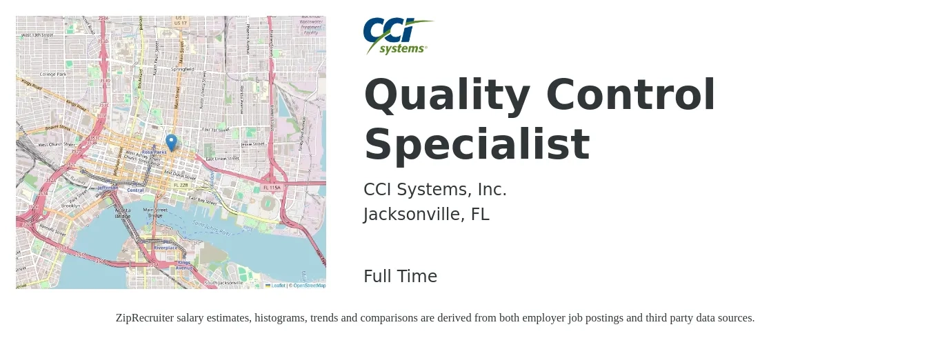 CCI Systems, Inc. job posting for a Quality Control Specialist in Jacksonville, FL with a salary of $19 to $34 Hourly with a map of Jacksonville location.