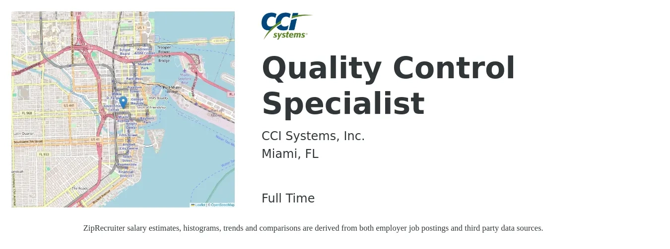 CCI Systems, Inc. job posting for a Quality Control Specialist in Miami, FL with a salary of $20 to $35 Hourly with a map of Miami location.