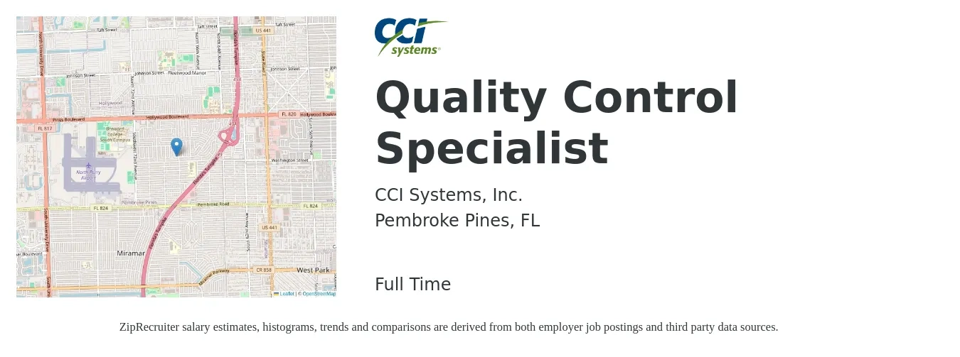 CCI Systems, Inc. job posting for a Quality Control Specialist in Pembroke Pines, FL with a salary of $19 to $34 Hourly with a map of Pembroke Pines location.