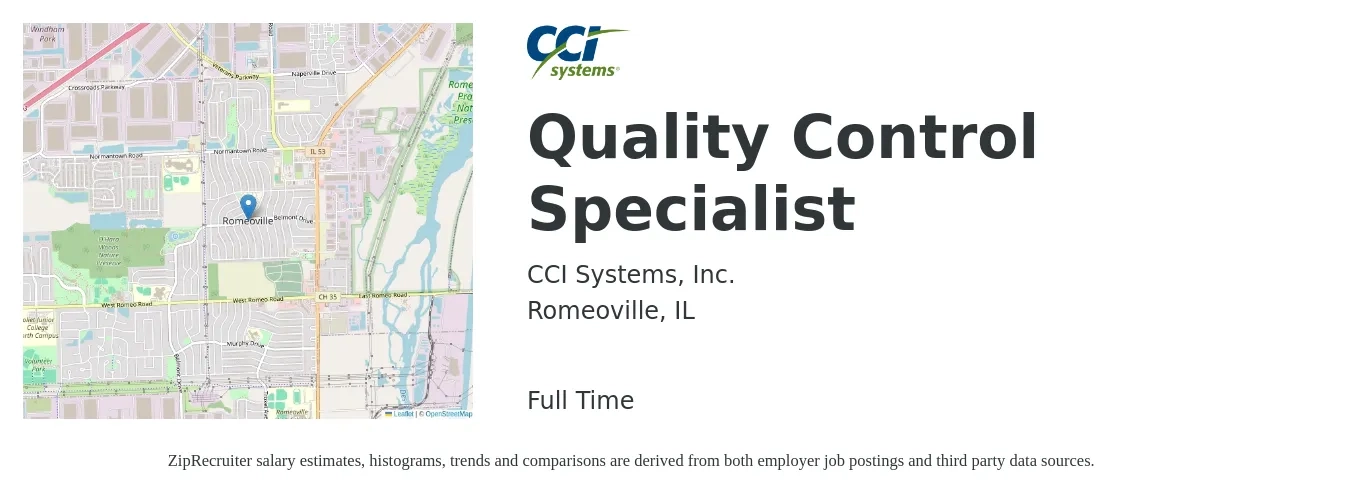 CCI Systems, Inc. job posting for a Quality Control Specialist in Romeoville, IL with a salary of $21 to $38 Hourly with a map of Romeoville location.