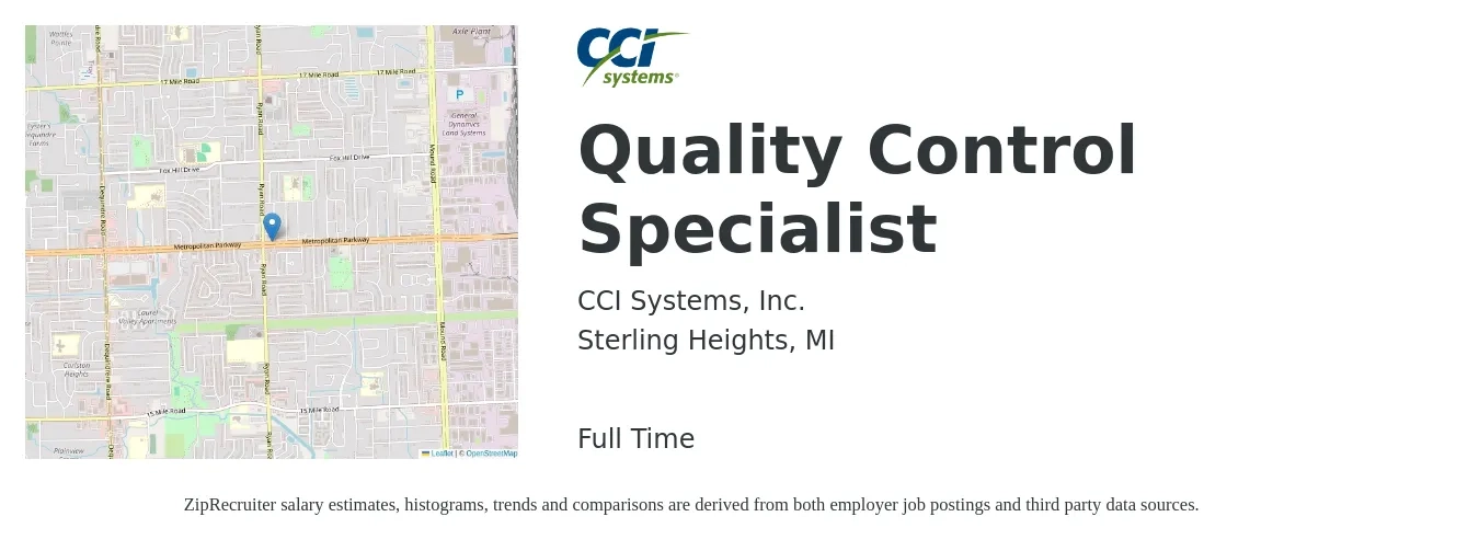 CCI Systems, Inc. job posting for a Quality Control Specialist in Sterling Heights, MI with a salary of $19 to $34 Hourly with a map of Sterling Heights location.