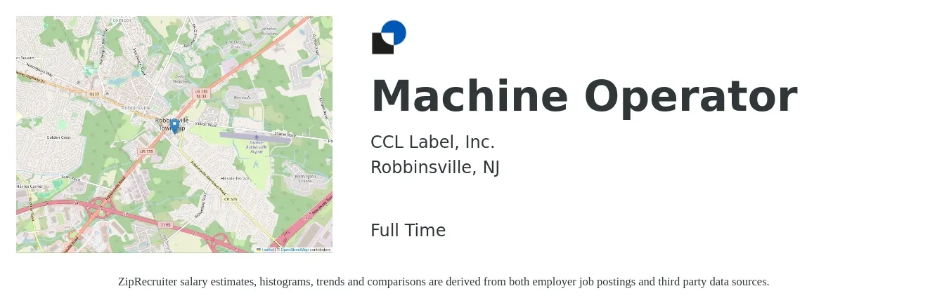 CCL Label, Inc. job posting for a Machine Operator in Robbinsville, NJ with a salary of $16 to $20 Hourly with a map of Robbinsville location.