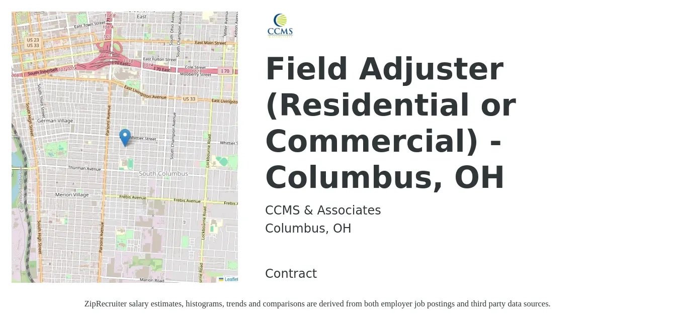 CCMS & Associates job posting for a Field Adjuster (Residential or Commercial) - Columbus, OH in Columbus, OH with a salary of $65,200 to $84,500 Yearly with a map of Columbus location.