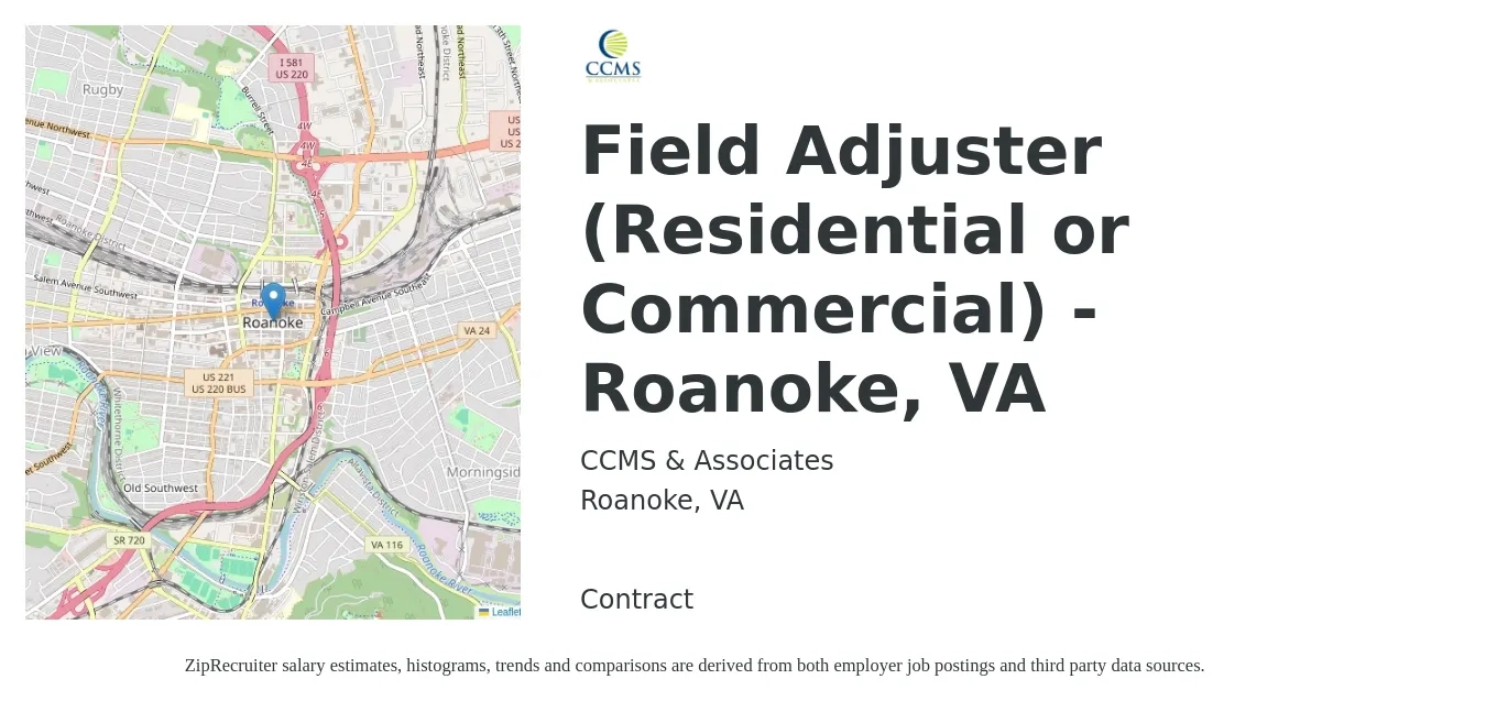 CCMS & Associates job posting for a Field Adjuster (Residential or Commercial) - Roanoke, VA in Roanoke, VA with a salary of $66,200 to $85,900 Yearly with a map of Roanoke location.