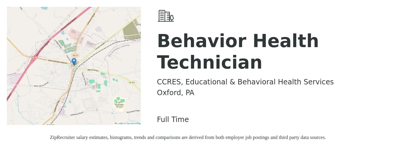 CCRES, Educational & Behavioral Health Services job posting for a Behavior Health Technician in Oxford, PA with a salary of $30 Hourly with a map of Oxford location.