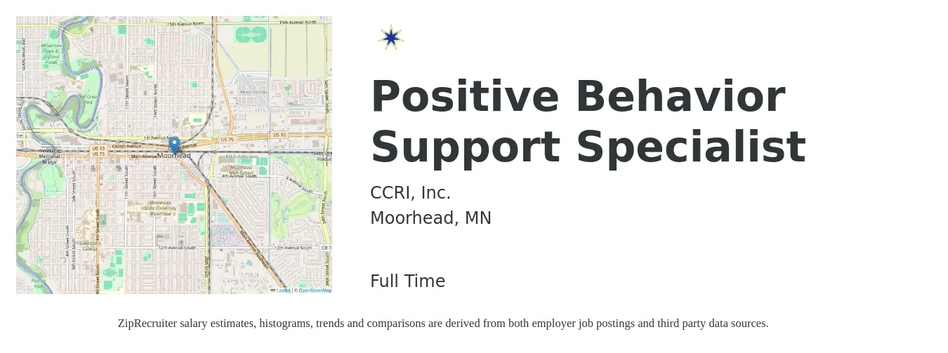 CCRI, Inc. job posting for a Positive Behavior Support Specialist in Moorhead, MN with a salary of $17 to $29 Hourly with a map of Moorhead location.