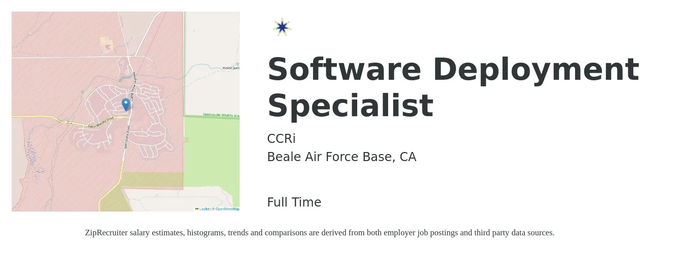 CCRi job posting for a Software Deployment Specialist in Beale Air Force Base, CA with a salary of $103,000 to $140,000 Yearly with a map of Beale Air Force Base location.