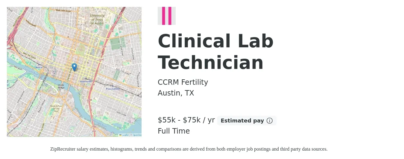 CCRM Fertility job posting for a Clinical Lab Technician in Austin, TX with a salary of $55,000 to $75,000 Yearly with a map of Austin location.
