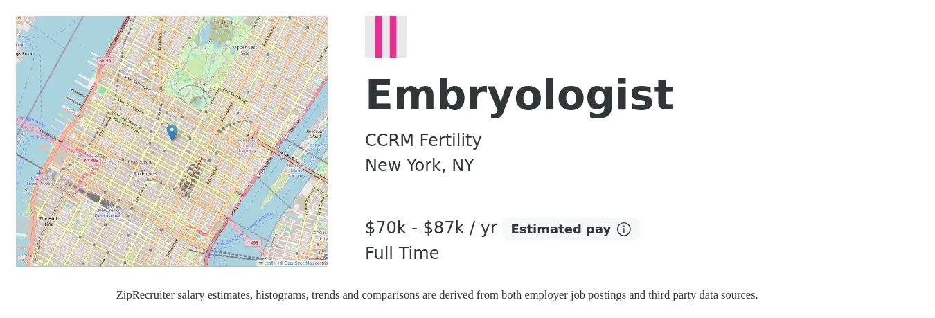 CCRM Fertility job posting for a Embryologist in New York, NY with a salary of $70,000 to $87,000 Yearly with a map of New York location.