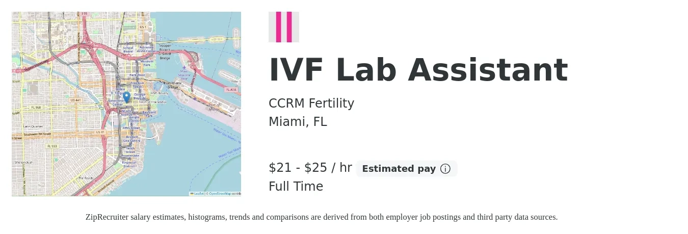 CCRM Fertility job posting for a IVF Lab Assistant in Miami, FL with a salary of $22 to $27 Hourly with a map of Miami location.