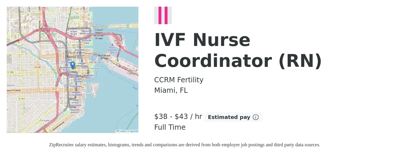 CCRM Fertility job posting for a IVF Nurse Coordinator (RN) in Miami, FL with a salary of $40 to $45 Hourly with a map of Miami location.