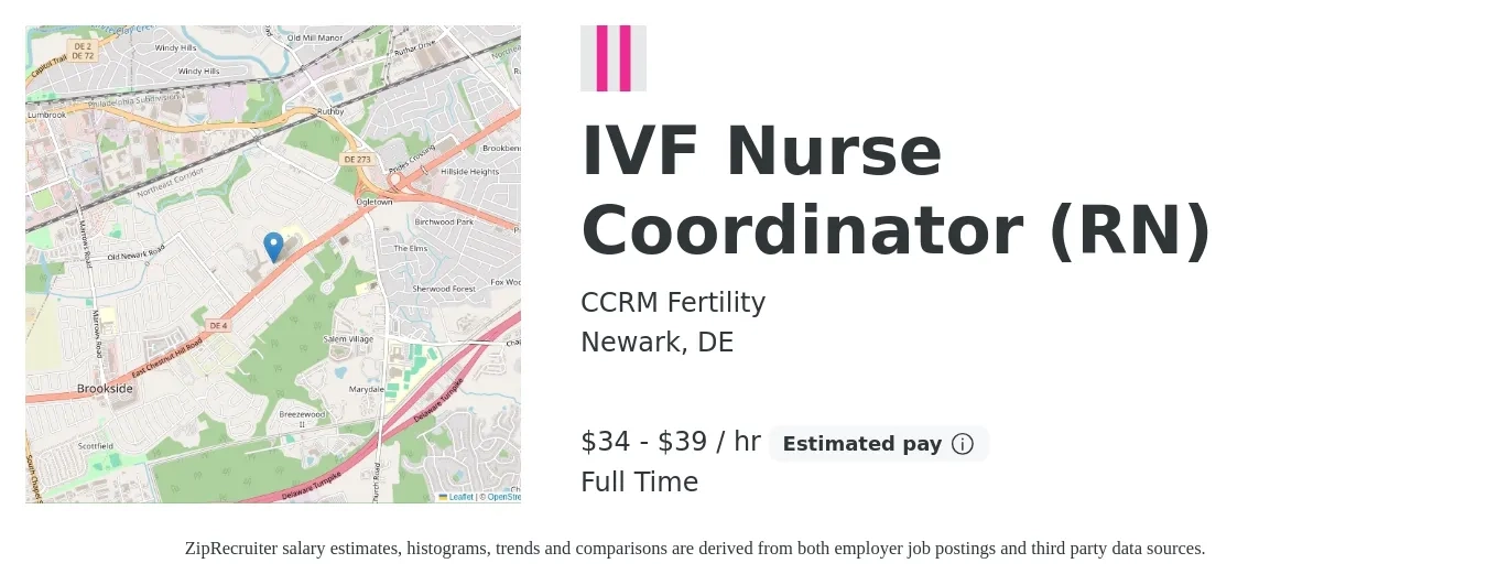 CCRM Fertility job posting for a IVF Nurse Coordinator (RN) in Newark, DE with a salary of $36 to $41 Hourly with a map of Newark location.