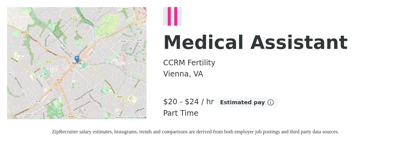 CCRM Fertility job posting for a Medical Assistant in Vienna, VA with a salary of $21 to $25 Hourly with a map of Vienna location.