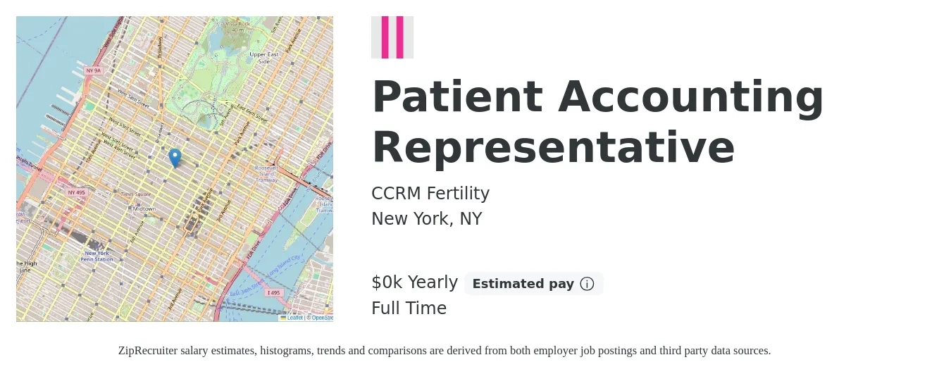 CCRM Fertility job posting for a Patient Accounting Representative in New York, NY with a salary of $24 to $26 Yearly with a map of New York location.