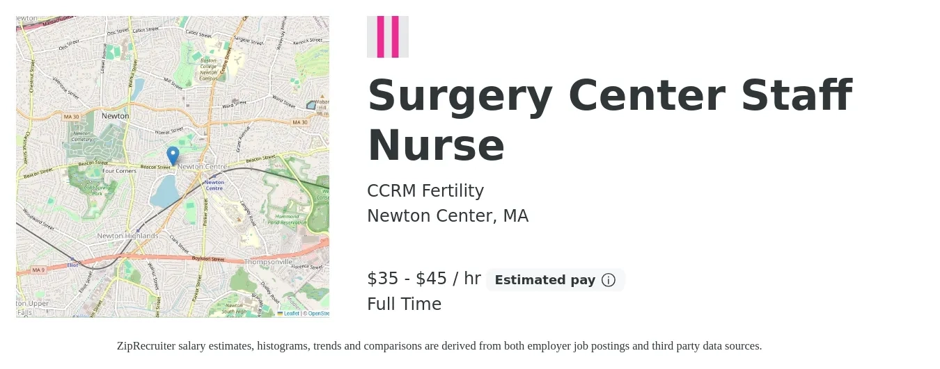 CCRM Fertility job posting for a Surgery Center Staff Nurse in Newton Center, MA with a salary of $37 to $47 Hourly with a map of Newton Center location.