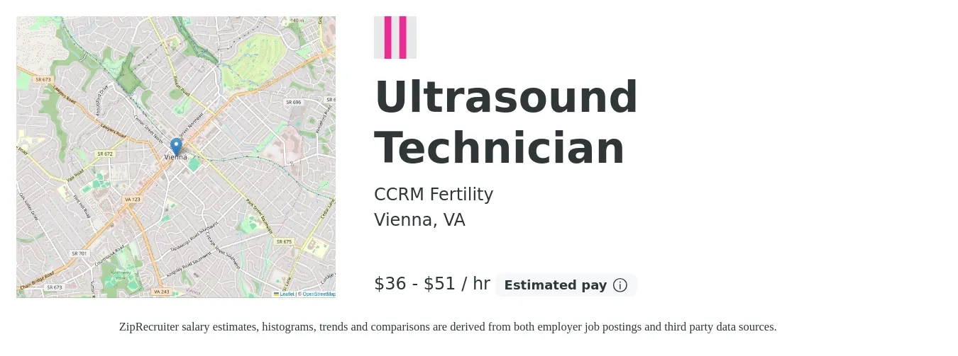 CCRM Fertility job posting for a Ultrasound Technician in Vienna, VA with a salary of $38 to $54 Hourly with a map of Vienna location.