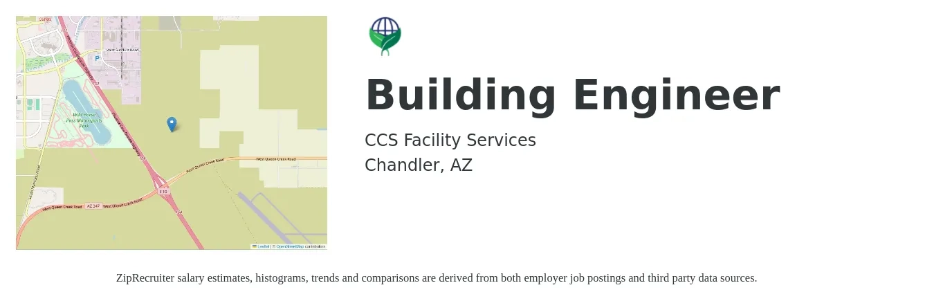 CCS Facility Services job posting for a Building Engineer in Chandler, AZ with a salary of $30 to $35 Yearly with a map of Chandler location.