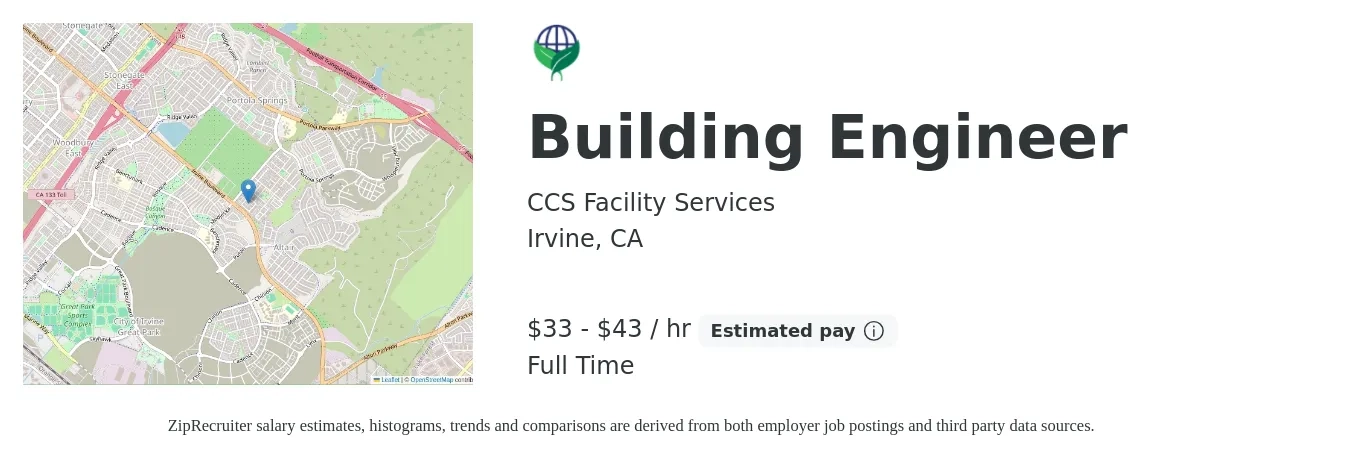 CCS Facility Services job posting for a Building Engineer in Irvine, CA with a salary of $30 to $35 Yearly with a map of Irvine location.