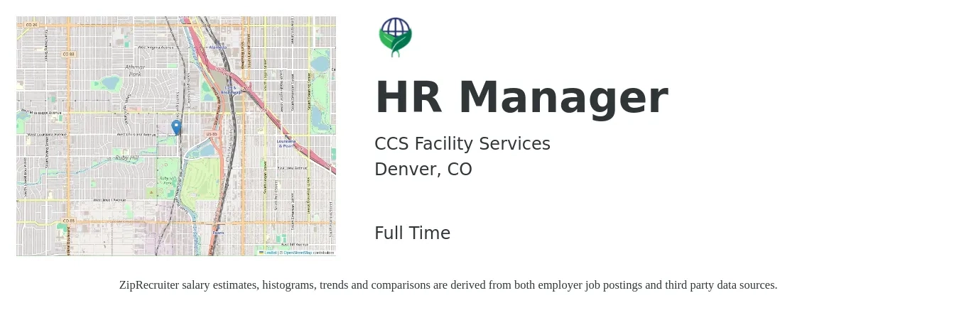 CCS Facility Services job posting for a HR Manager in Denver, CO with a salary of $80,000 to $90,000 Yearly with a map of Denver location.