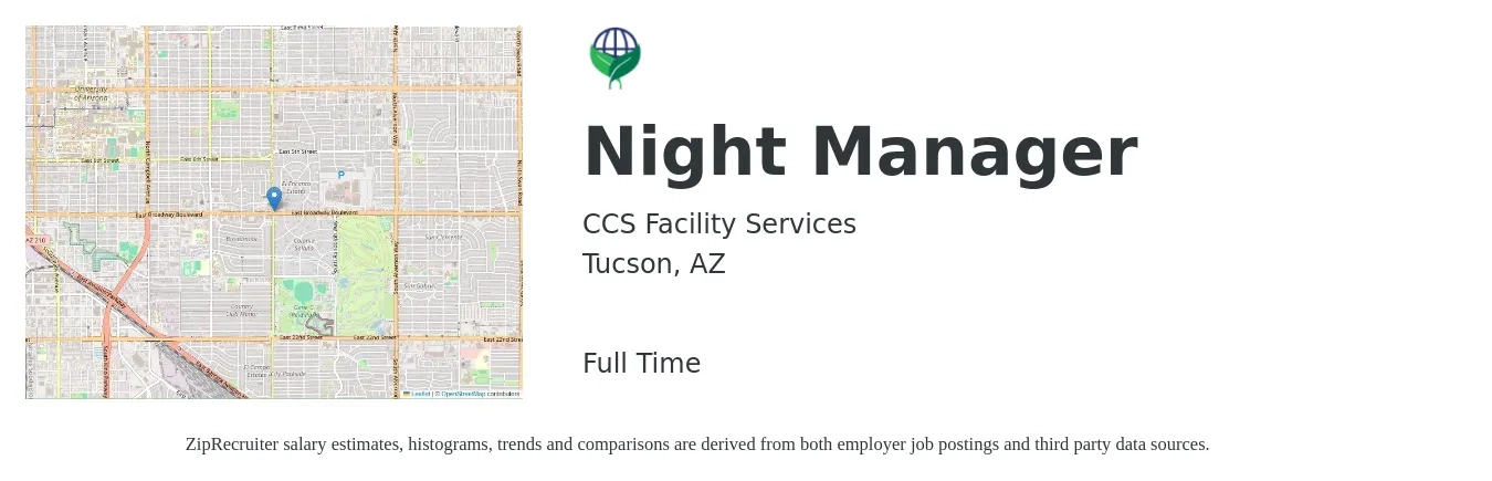CCS Facility Services job posting for a Night Manager in Tucson, AZ with a salary of $15 to $22 Hourly with a map of Tucson location.