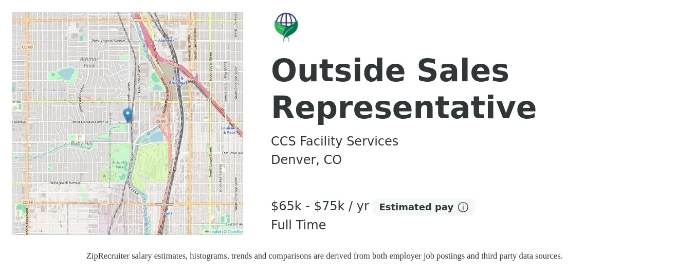 CCS Facility Services job posting for a Outside Sales Representative in Denver, CO with a salary of $65,000 to $75,000 Yearly with a map of Denver location.