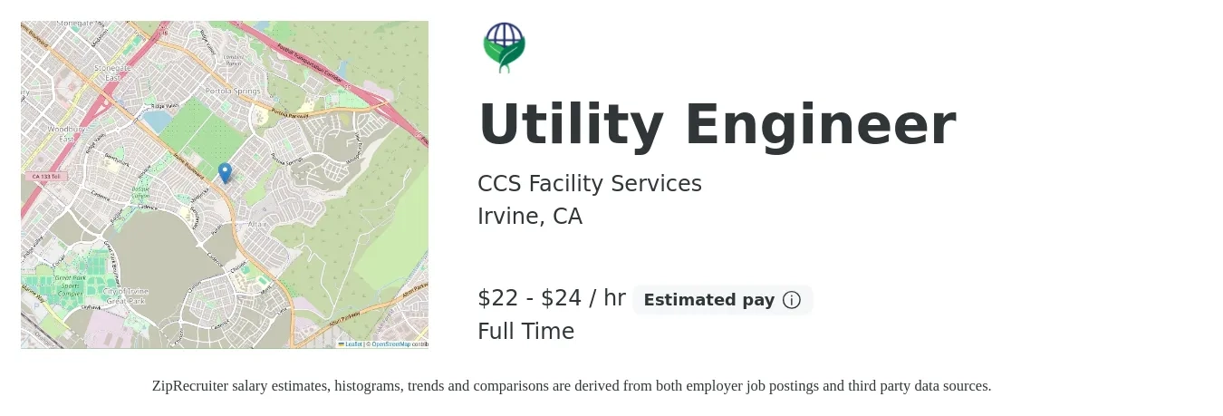 CCS Facility Services job posting for a Utility Engineer in Irvine, CA with a salary of $23 to $25 Hourly with a map of Irvine location.