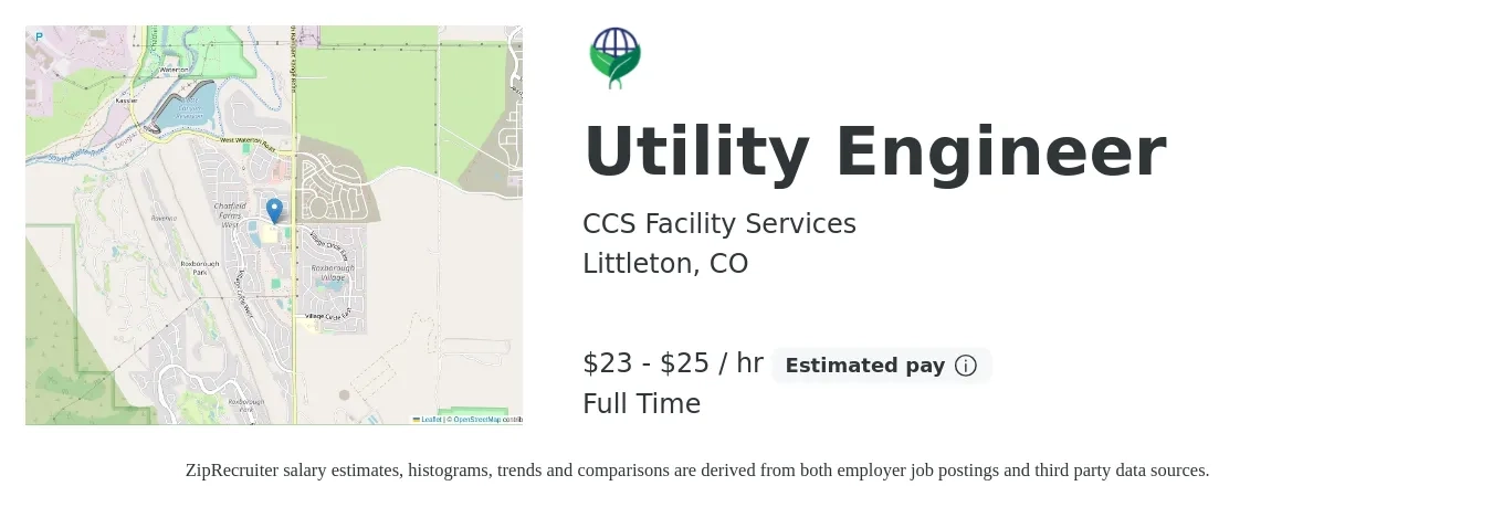 CCS Facility Services job posting for a Utility Engineer in Littleton, CO with a salary of $24 to $26 Hourly with a map of Littleton location.