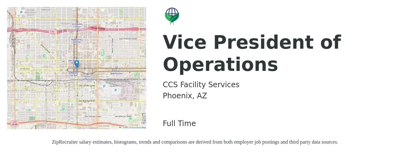 CCS Facility Services job posting for a Vice President of Operations in Phoenix, AZ with a salary of $114,700 to $183,700 Yearly with a map of Phoenix location.