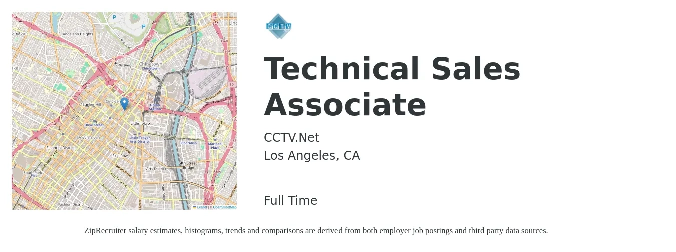 CCTV.Net job posting for a Technical Sales Associate in Los Angeles, CA with a salary of $50,000 to $78,200 Yearly with a map of Los Angeles location.