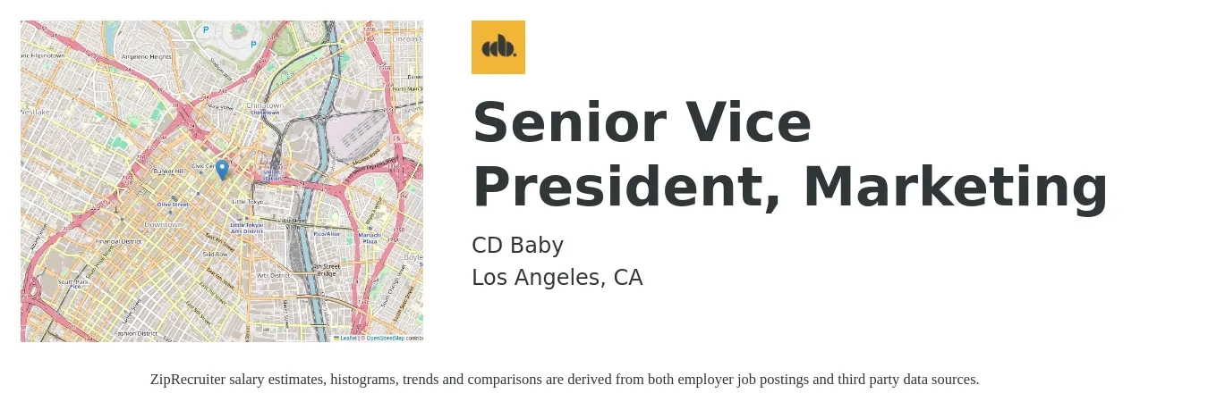 CD Baby job posting for a Senior Vice President, Marketing in Los Angeles, CA with a salary of $147,600 to $220,900 Yearly with a map of Los Angeles location.