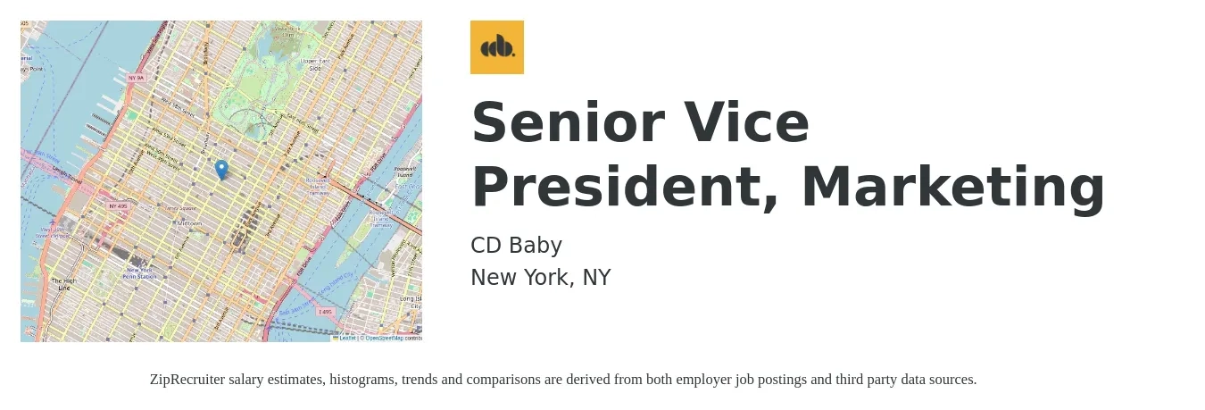 CD Baby job posting for a Senior Vice President, Marketing in New York, NY with a salary of $149,900 to $224,300 Yearly with a map of New York location.