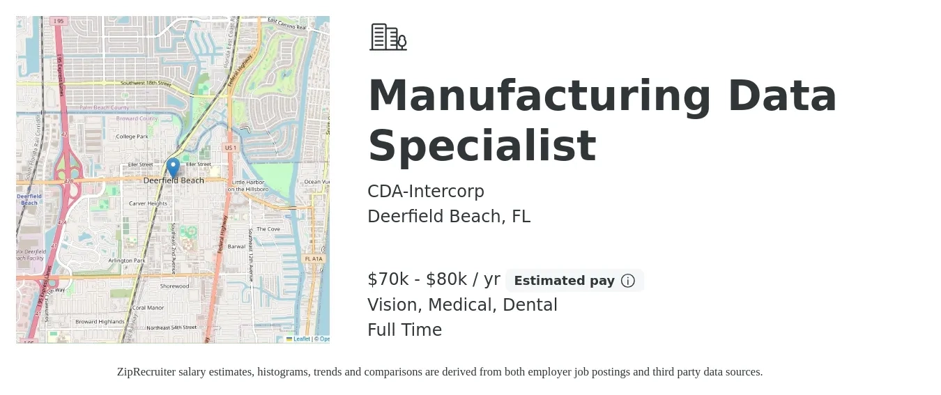 CDA-Intercorp job posting for a Manufacturing Data Specialist in Deerfield Beach, FL with a salary of $70,000 to $80,000 Yearly and benefits including vision, dental, life_insurance, medical, and retirement with a map of Deerfield Beach location.