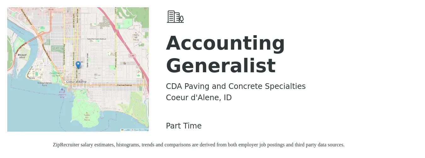 CDA Paving and Concrete Specialties job posting for a Accounting Generalist in Coeur d'Alene, ID with a salary of $3,000 Weekly with a map of Coeur d'Alene location.