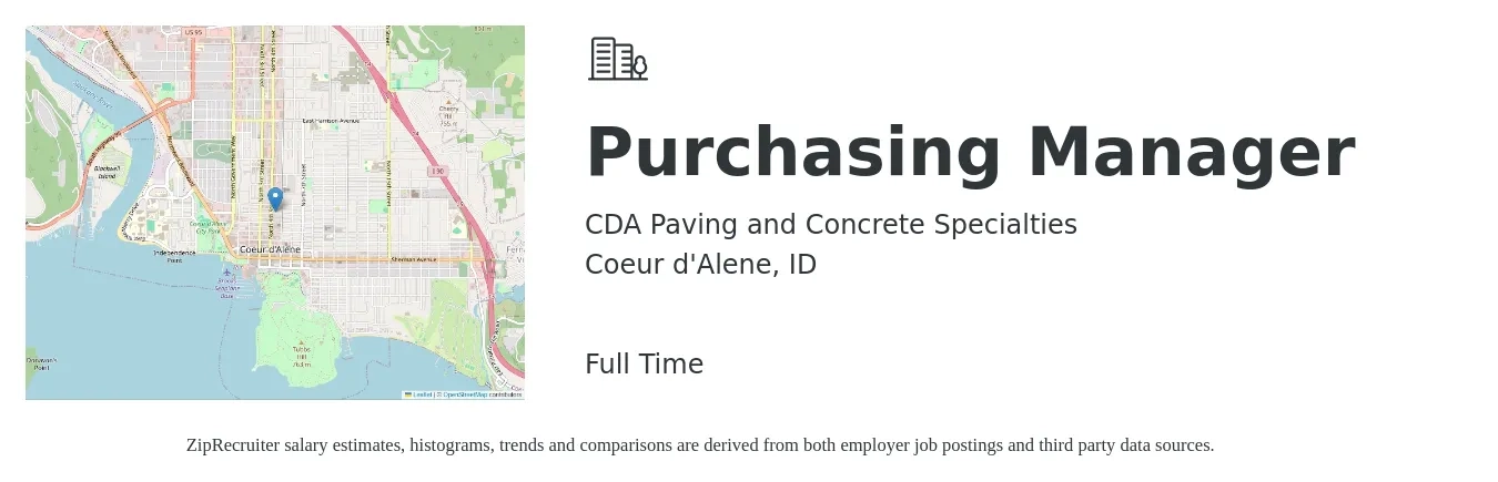 CDA Paving and Concrete Specialties job posting for a Purchasing Manager in Coeur d'Alene, ID with a salary of $401,000 Yearly with a map of Coeur d'Alene location.