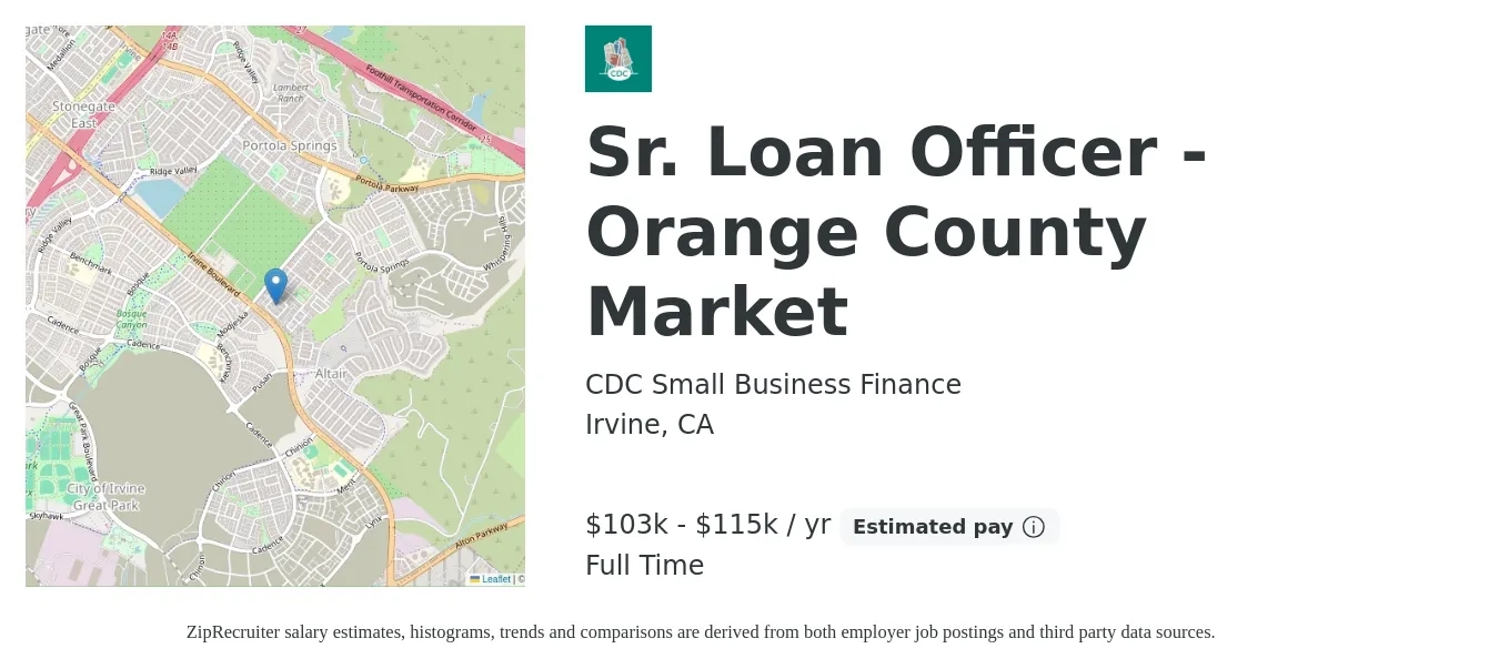 CDC Small Business Finance job posting for a Sr. Loan Officer - Orange County Market in Irvine, CA with a salary of $103,456 to $115,000 Yearly with a map of Irvine location.