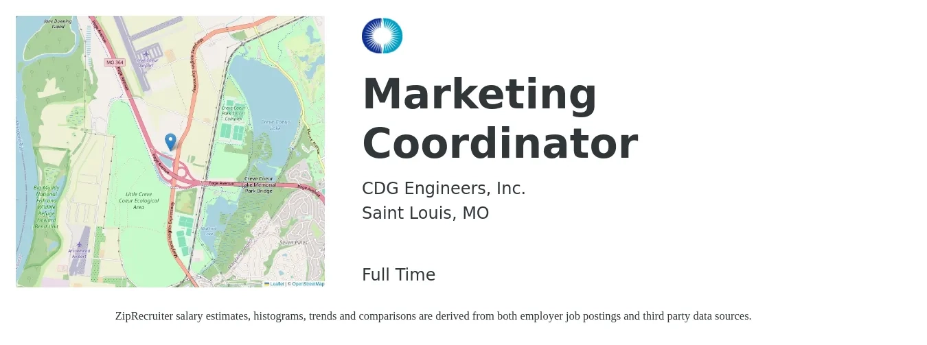 CDG Engineers, Inc. job posting for a Marketing Coordinator in Saint Louis, MO with a salary of $39,000 to $53,700 Yearly with a map of Saint Louis location.